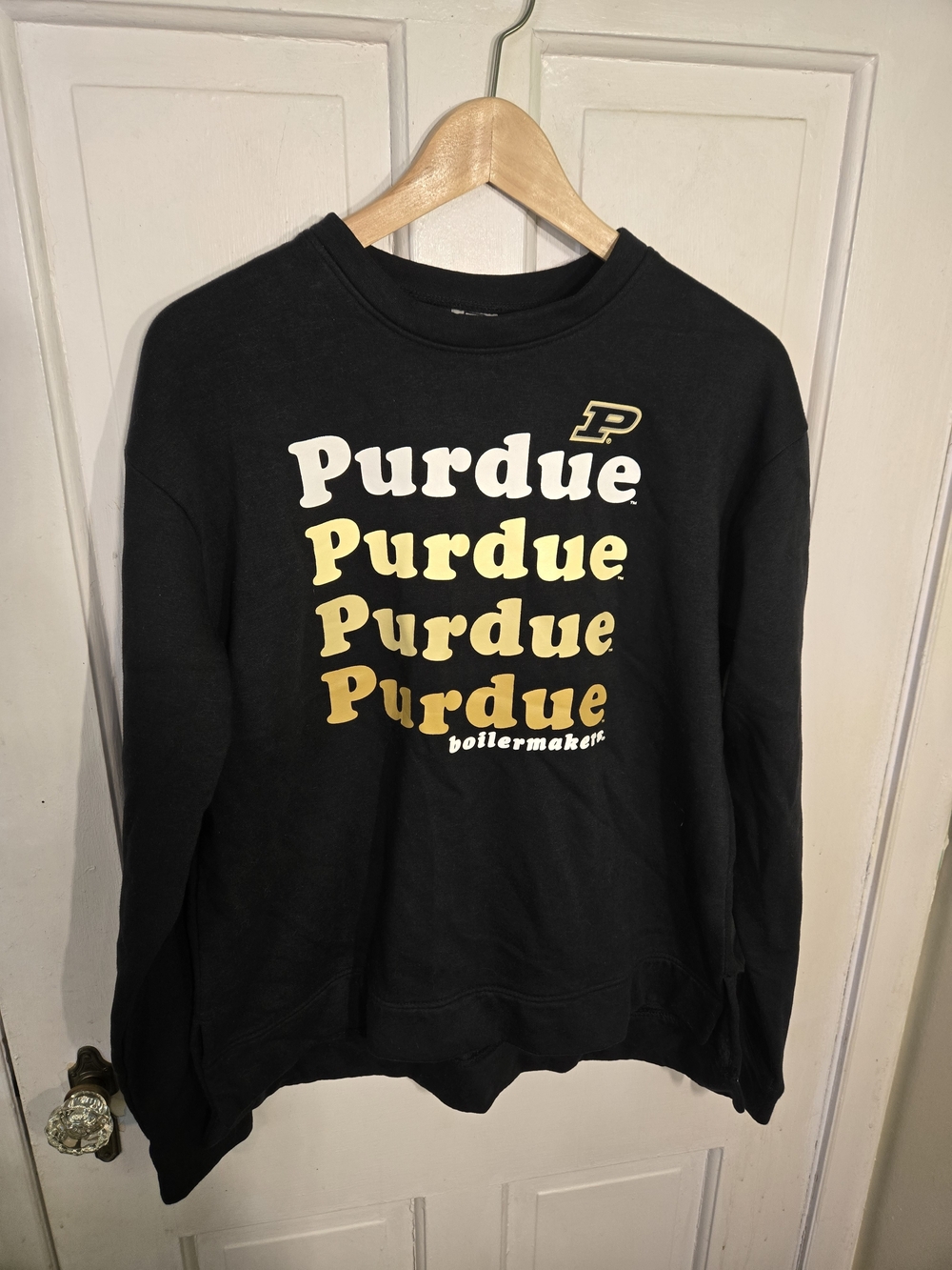 Pro Edge Boilermakers Black Purdue Crewneck with Stacked Gold Text